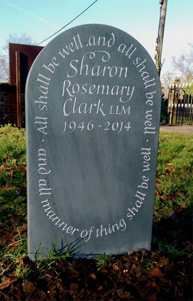Image of Green Slate Memorial. Carved and Painted. Holy Trinity Churchyard, Balsham, Cambridgeshire.